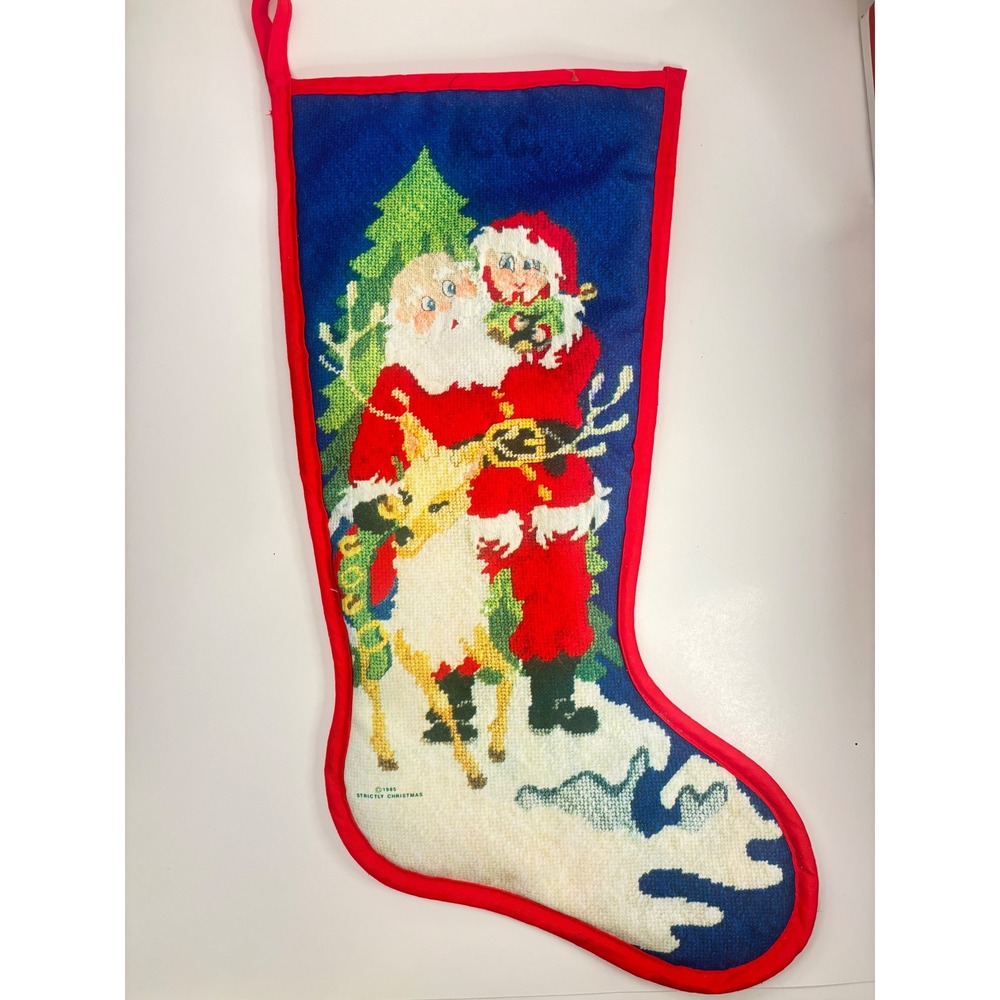 Vintage 1985 Strictly Christmas Santa Elf Reindeer 19 Inch Holiday Stocking